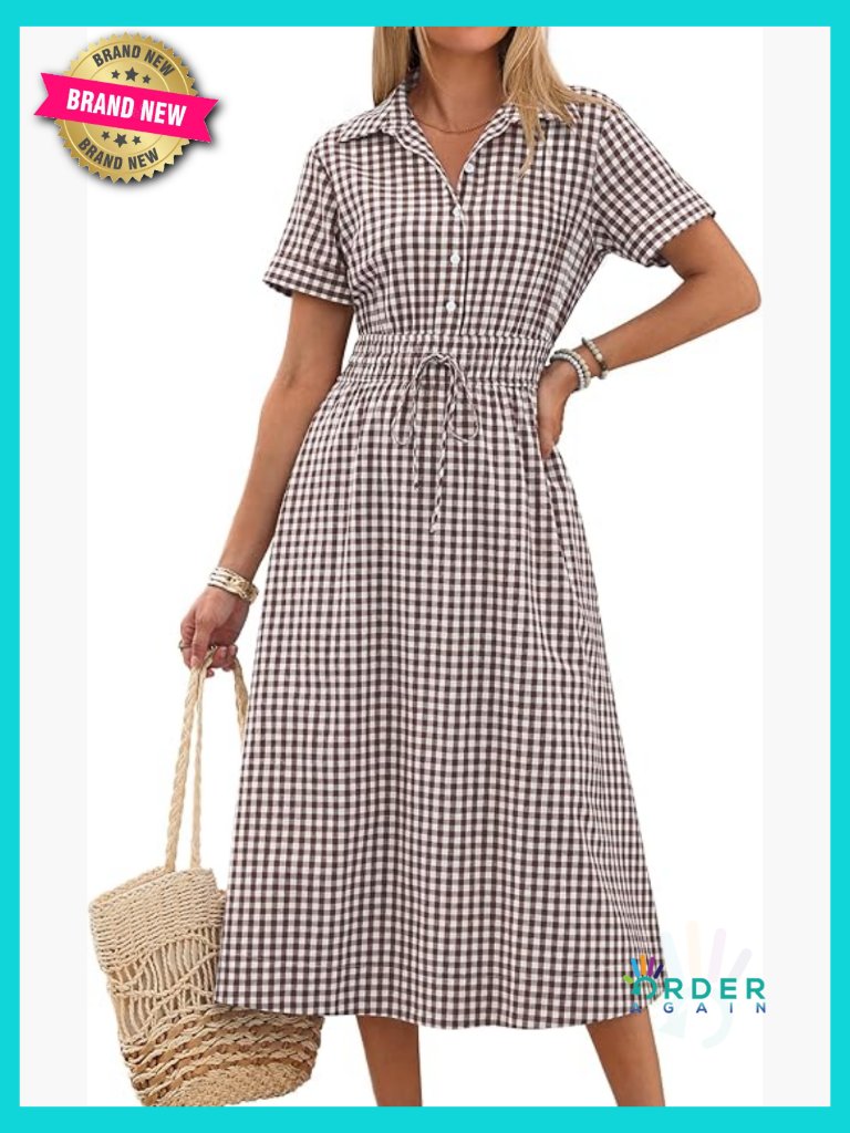 Midi Dress Striped Plaid Button Collar Shirt Style Casual Summer Elegant